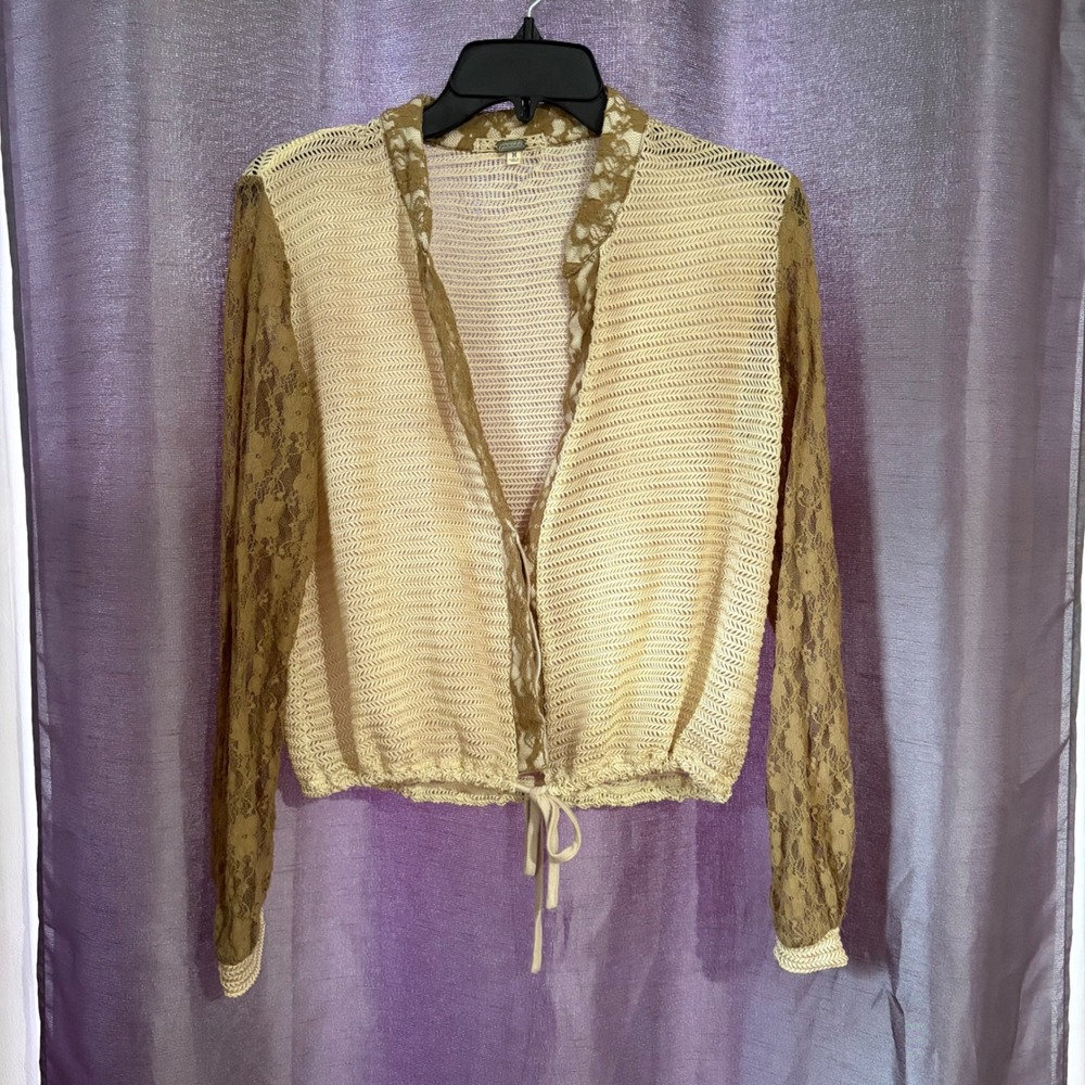 Gimmicks by BKE Lace Sleeve Open Knit Drawstring Cardigan Tan Cream Medium
